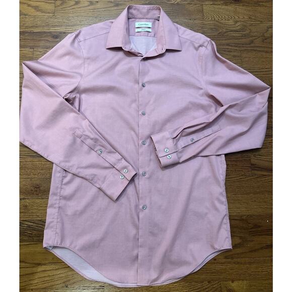 Calvin Klein Men’s Dress Shirt Pink 15.5 34/35 M Steel Plus Slimfit Wrinkle Free - Picture 2 of 12